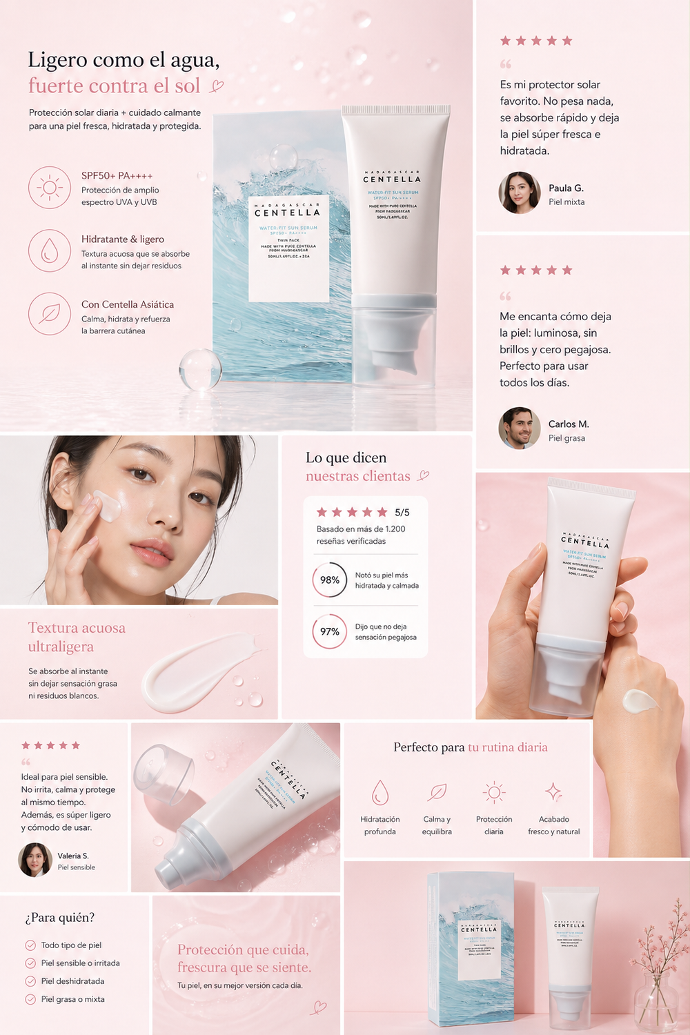 Protector Solar Facial SPF50+ con Centella Asiática | Acabado Ligero, Base Acuosa