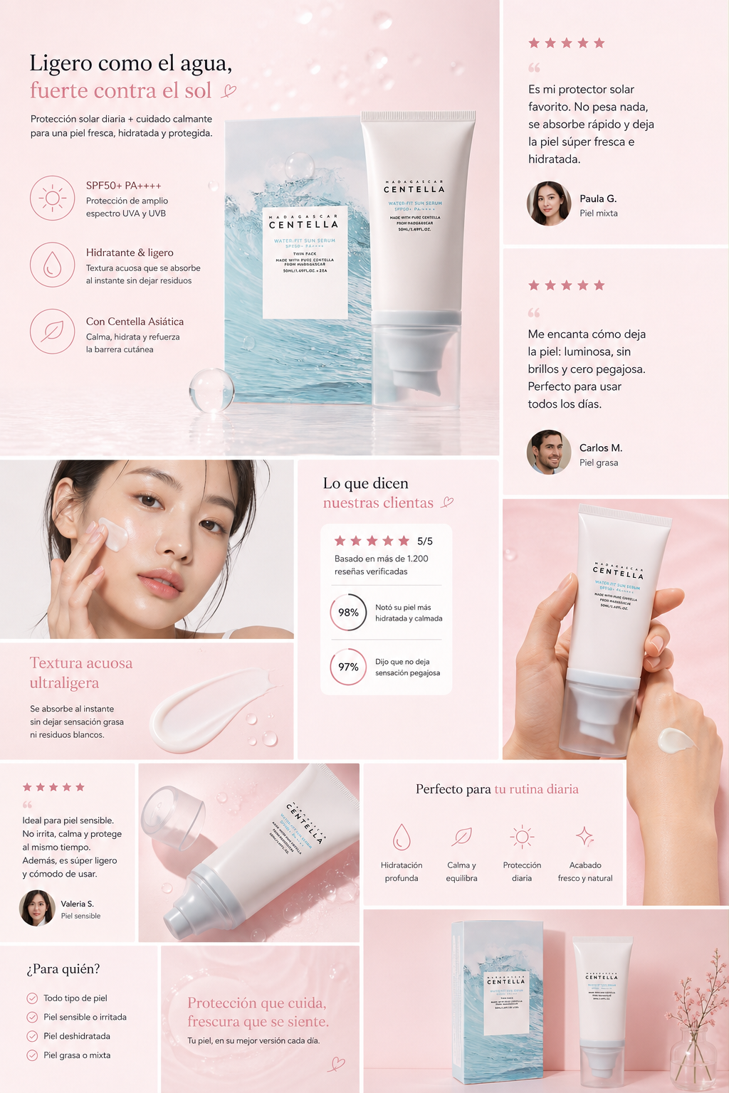 Protector Solar Facial SPF50+ con Centella Asiática | Acabado Ligero, Base Acuosa